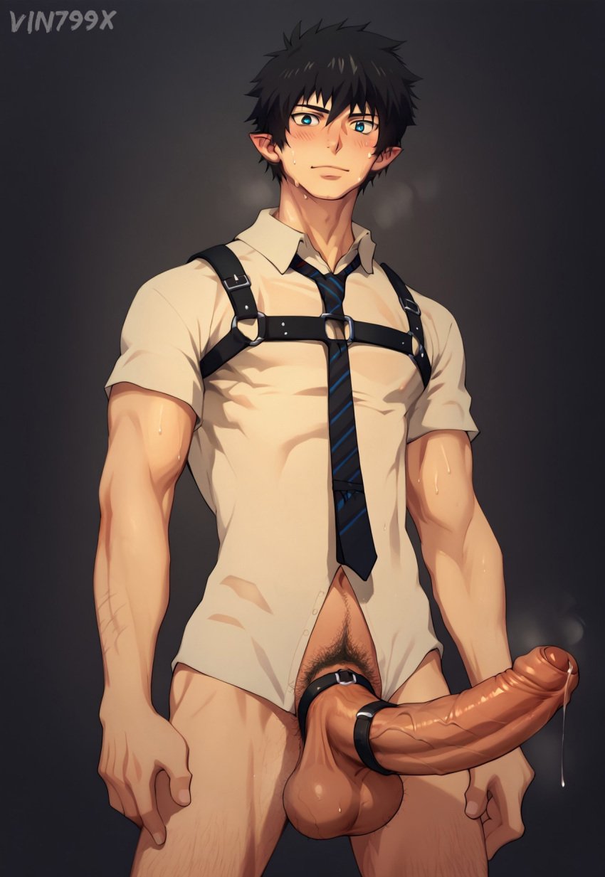 1boy ai_generated ao_no_exorcist black_hair black_pubic_hair blush cock_ring harness looking_at_viewer male male_only okumura_rin partially_clothed penis precum precum_drip presenting presenting_penis pubic_hair rin_okumura shirt solo_male steam straps sweat testicles tie vin799 yaoi