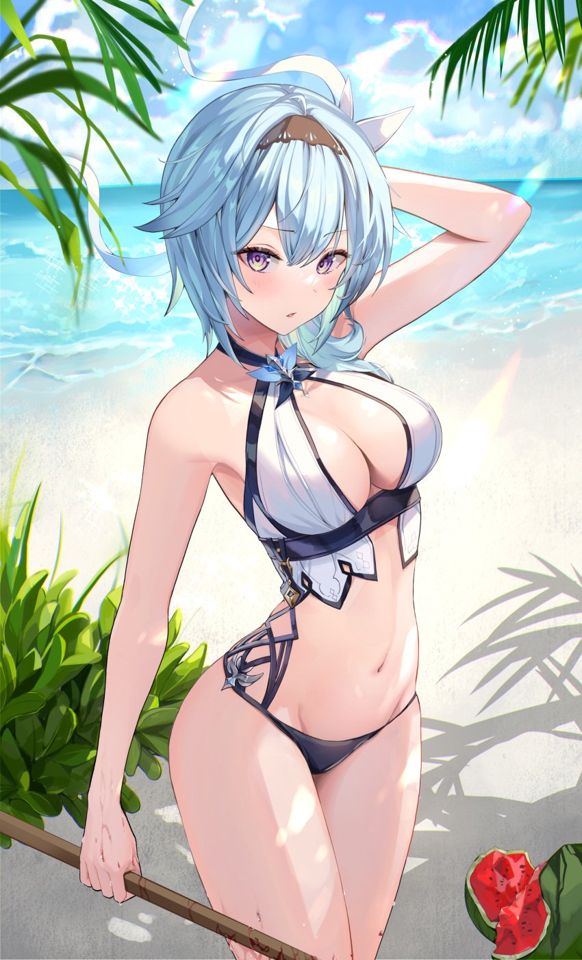 1girls 2d 2d_(artwork) alternate_costume arm_behind_head beach big_breasts bikini cleavage clouds day eula_(genshin_impact) female female_focus female_only front_view genshin_impact hi_res high_resolution hourglass_figure hoyoverse light-skinned_female light_skin looking_at_viewer mature mature_female mihoyo ocean outdoors paitayu palm_tree sand short_hair sky slim_girl solo solo_female solo_focus standing summer swimsuit thong thong_bikini water watermelon