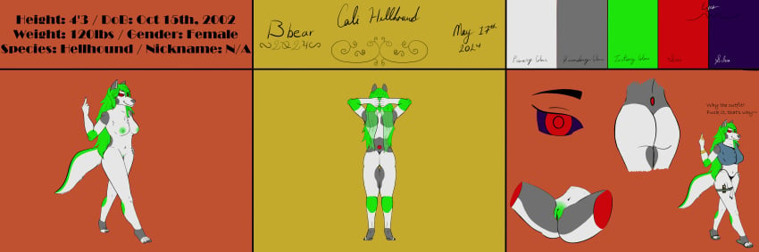 3:1 absurd_res anthro areola ass bbear big_butt biped bottomwear breasts butt_shot cali_(bbear) canid canid_demon canine claws clothed clothing color_swatch dated demon digital_media_(artwork) english_text feet female footwear fur genitals gesture green_hair hair hand_gesture hellhound hi_res information information_box information_section long_hair looking_at_viewer mammal middle_finger model_sheet multicolored_body multicolored_fur mythological_canine mythological_creature mythology navel nipples nude presenting presenting_hindquarters presenting_pussy profanity pussy pussy_stubble rear_view red_eyes sandals sassy shaved_pussy signature simple_background smile solo species_name spread_legs spreading standing tail text text_box toes topwear walkman white_body white_fur