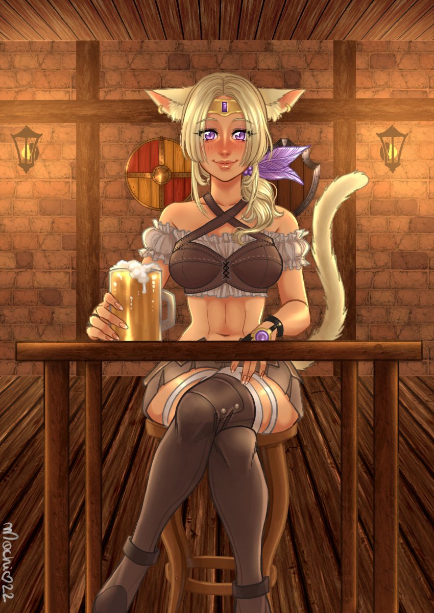 abs alcohol alcoholic_drink animal_ears animal_tail blonde_hair cat_ears cat_tail circlet clothes dark_skin final_fantasy_xiv fluffy_tail futa_only futa_sans_pussy futanari intersex jewelry l'fah_morcant legs_crossed miqo'te mochironmochi purple_eyes skirt tavern watermark