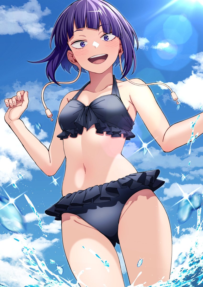 armpit_crease ass_visible_through_thighs audio_jack bare_arms bare_belly bare_legs bare_shoulders bare_thighs belly_button bikini black_bikini blush breasts cleavage collarbone frilled_bikini front-tie_top groin hands_up kobaji kyoka_jiro my_hero_academia ocean open_mouth outdoors purple_eyes purple_hair short_hair small_breasts smile thighs tongue water