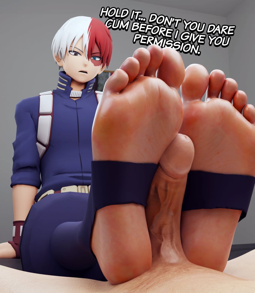 1boy 3d 3d_(artwork) big_feet boku_no_hero_academia clothed_male_nude_male domination english_text feet feet_fetish foot_fetish footjob gay male male_focus male_only maledom mrgtsfloop my_hero_academia penis small_penis soles speech_bubble stirrup_legwear text todoroki_shouto twink yaoi