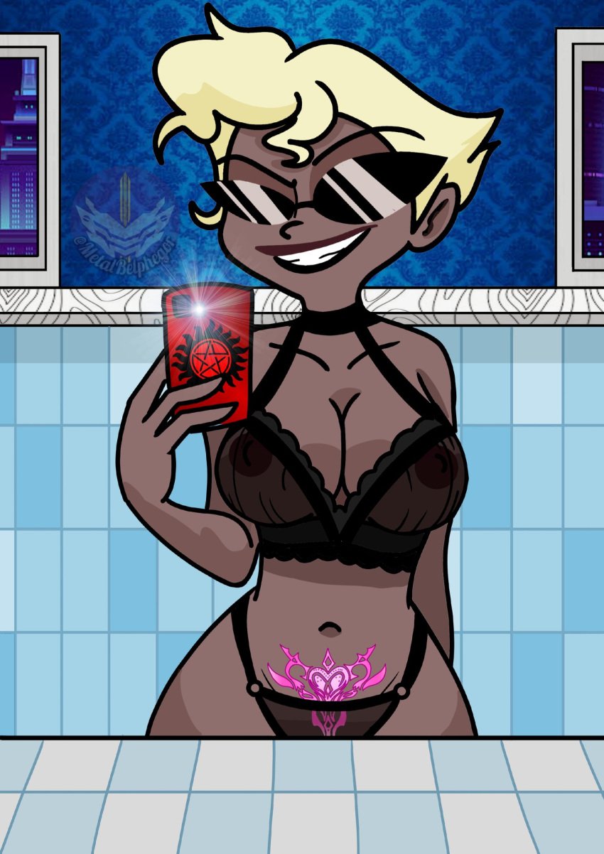 1girls 2d agent_two areolae areolae_visible_through_clothing big_breasts blonde_hair bra breasts camera_flash cellphone cleavage dark-skinned_female female female_only helluva_boss lingerie looking_at_viewer metalbelphegor navel nipples nipples_visible_through_clothing panties raised_eyebrow selfie smile solo_female sunglasses underwear vivienne_medrano vivziepop womb_tattoo