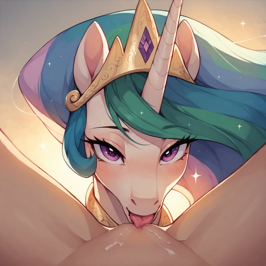 ai_generated cunnilingus duo female female/female female_human/female_feral female_pov human my_little_pony pov pov_eye_contact princess_celestia_(mlp) pussy pussy_juice seductive seductive_look seductive_smile unsauceballs yuri zoophilia