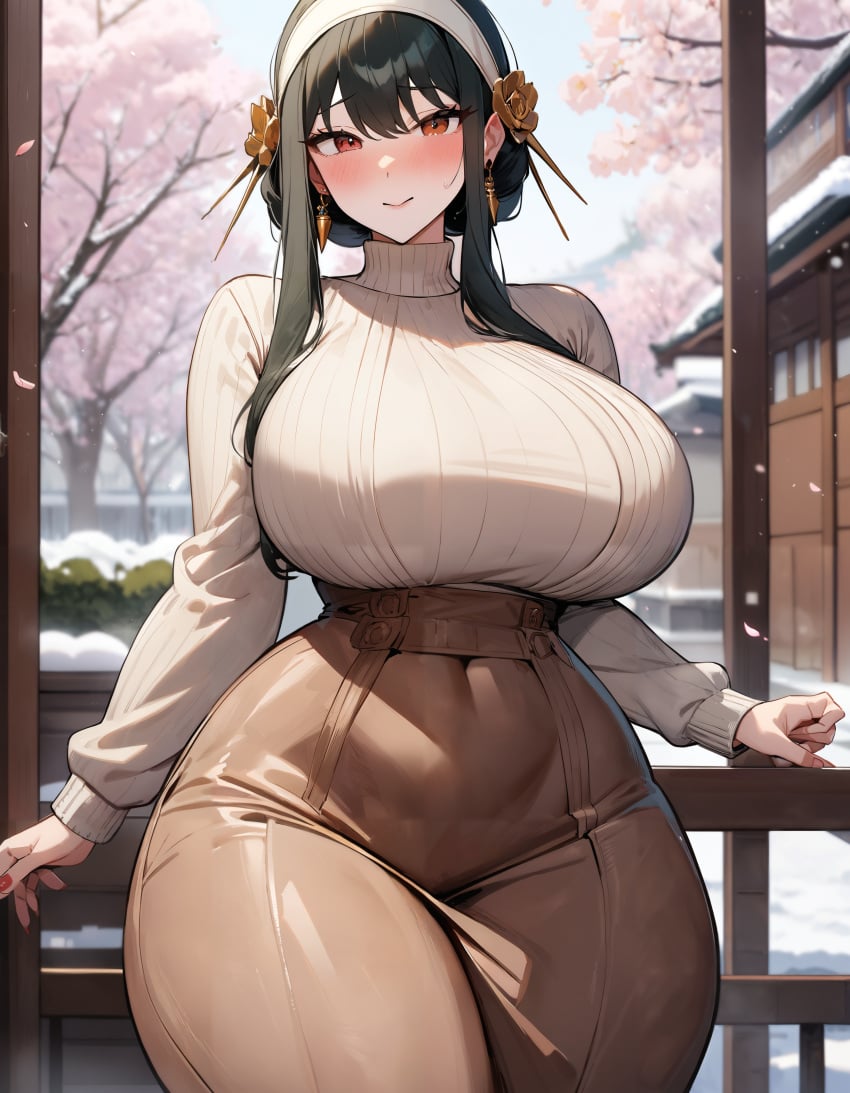 1girls absurd_res ai_generated alternate_breast_size blush cherry_blossoms curvy detailed_background earrings gigantic_breasts headband huge_breasts jewelry mappa mature_female narrow_waist snow snowing solo spy_x_family stable_diffusion standing sweater thick_thighs wide_hips winter winter_clothes xenomon yor_briar