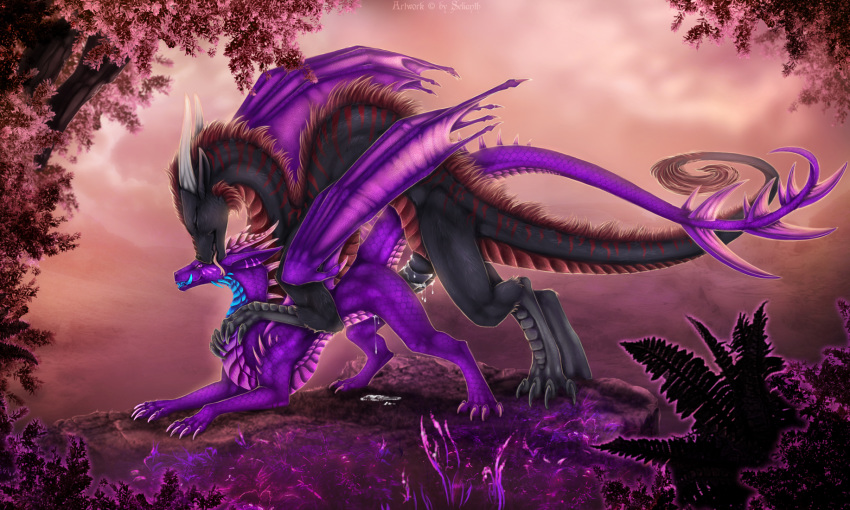 2019 animal_genitalia brown_hair claws cum detailed_background dragon duo female feral feral_on_feral genital_slit hair hi_res male outside purple_eyes purple_scales scales scalie selianth slit straight tongue western_dragon wings