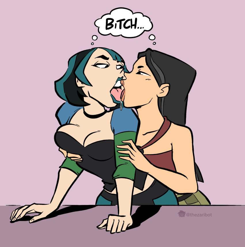 2girls blue_lipstick breast_grab breasts busty cleavage clothed female female_focus female_only french_kiss from_behind goth_girl gwen_(tdi) heather_(tdi) hourglass_figure kissing lesbian lesbian_kiss lesbians lipstick multiple_girls saliva total_drama_island toxic_yuri wanting_sex yuri zaribot