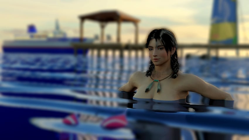 1girls 3d bikini_top black_hair braid brown_eyes cleavage female female_only forsavide julia_chang looking_at_viewer namco necklace non-nude solo swimming tekken tekken_7 topless twintails water