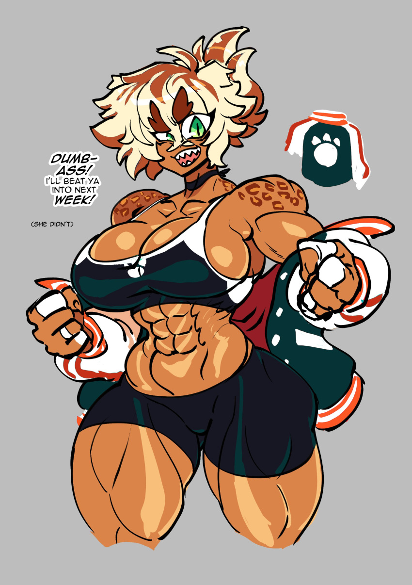 abs alchykiller biceps blonde_hair collar english_text female female_only green_eyes huge_breasts jacket multicolored_hair muscular_female muscular_thighs orange_hair raised_eyebrow removing_clothing sharp_teeth shiny_skin smile tanned_skin thick_thighs tomboy wide_hips