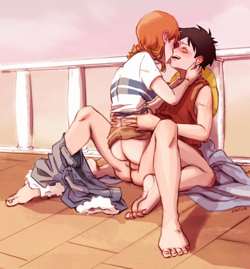 1boy 1girls ass balls black_hair blush bottomless bottomless_male clothed clothed_sex clothing couple embrace female imminent_kiss male monkey_d_luffy nami one_piece orange_hair outdoors penis penis_in_pussy pre-timeskip public scar sex shirt shirt_lift short_hair shorts shorts_around_one_leg shorts_removed skirt skirt_lift spread_legs straight straw_hat vaginal_penetration waist_grab wholesome wholesome_sex zantinaa