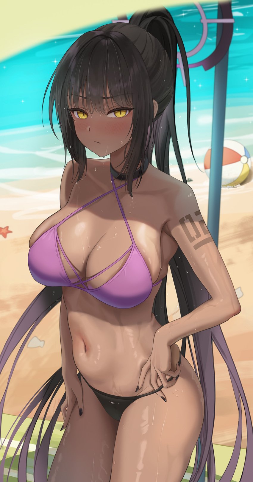 absurdres ball beach beach_ball bikini black_hair black_nails blue_archive breasts dark-skinned_female dark_skin female fingernails halo hashtag-only_commentary highres karin_(blue_archive) large_breasts long_hair looking_at_viewer mismatched_bikini nail_polish ocean parasol pink_bikini ponytail purple_halo shugo_15 solo swimsuit umbrella very_long_hair yellow_eyes