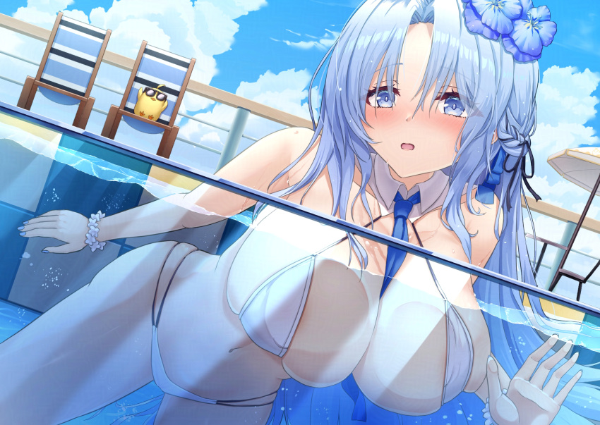 1girls against_glass alsace_(azur_lane) alsace_(heat-beating_summer_sacrament)_(azur_lane) azur_lane bare_shoulders beach_chair between_breasts bikini bird blue_eyes blue_hair blue_nails blue_necktie blue_ribbon blue_sky blush braid breast_press breasts breasts_on_glass chick cleavage cloud collarbone day detached_collar female flower french_braid hair_flower hair_ornament hair_ribbon highres iris_libre_(azur_lane) large_breasts light-skinned_female light_skin long_hair looking_at_viewer manjuu_(azur_lane) multi-strapped_bikini_bottom navel necktie necktie_between_breasts official_alternate_costume open_mouth outdoors parted_bangs partially_submerged partially_underwater_shot pool ribbon scrunchie sidelocks sitting sky solo_focus stomach sunglasses swimsuit underwater very_long_hair water wet white_bikini wrist_scrunchie yoshiyubisashi