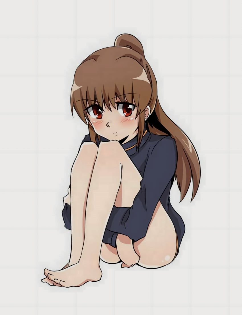 bare_legs bare_shoulders bottomless depressed female long_sleeves naked_track_jacket pantless ponytail saki_achiga-hen takakamo_shizuno track_jacket