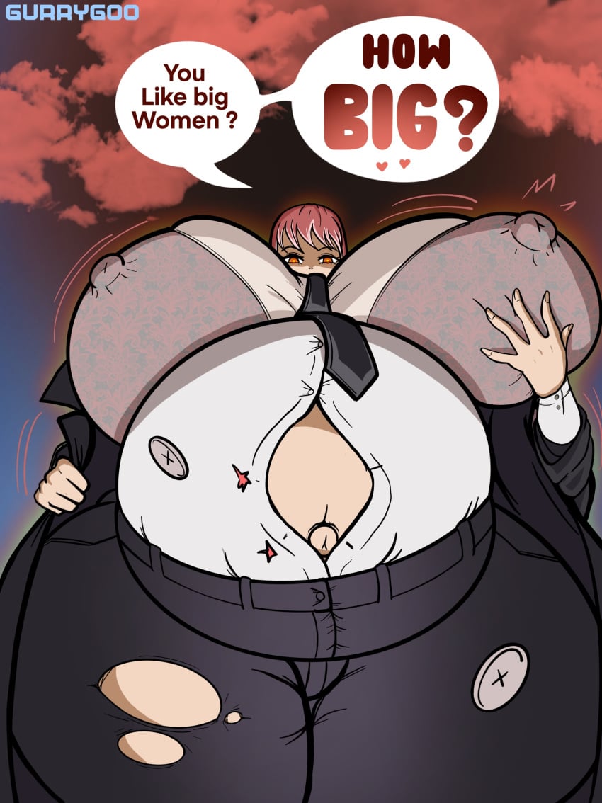 1girls belly big_belly big_breasts breast_expansion breasts chainsaw_man dialogue expansion female gurrygoo huge_breasts hyper inflation makima_(chainsaw_man) massive_breasts nipple_bulge nipple_outline outie_navel popped_button pregnant red_hair solo solo_female text thick_thighs torn_clothes wardrobe_malfunction wide_hips