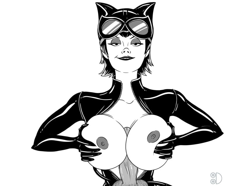 1boy 1girls big_breasts breasts catwoman_(cosplay) crossover crossover_cosplay dc dc_comics erection female hotel_transylvania male mavis_dracula monochrome nipples paizuri penis titjob tittydispenser