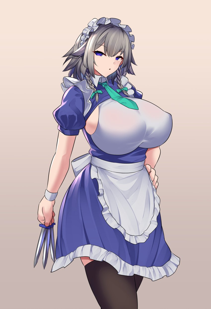 absurdres apron blue_dress blue_eyes bow breasts brown_thighhighs dress female green_bow green_necktie grey_hair hairbow highres huge_breasts izayoi_sakuya knife maid_apron maid_headdress mature_female medium_hair necktie puffy_short_sleeves puffy_sleeves sakuya_izayoi short_sleeves sideboob sinkai thick_thighs thighhighs thighs touhou waist_apron waist_bow white_apron white_bow