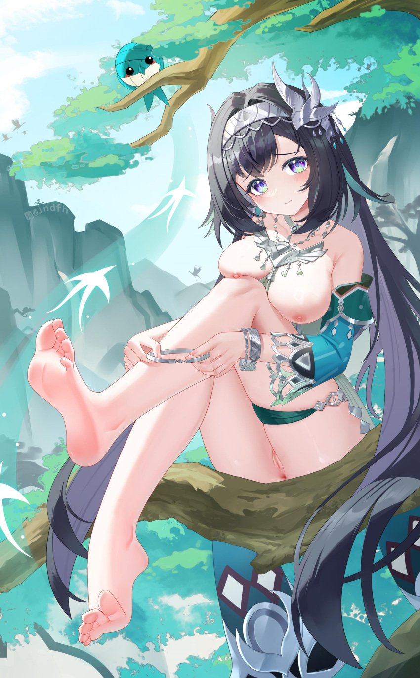 absurdres anus aqua_bird aqua_sleeves bare_shoulders barefoot bird bird_hair_ornament black_hair blush breasts breasts_out censored chinese_commentary collarbone commentary_request day detached_sleeves feet female fingernails foot_focus genshin_impact hair_between_eyes hair_ornament hairband heart heart-shaped_pupils highres holding in_tree jndfh lan_yan_(genshin_impact) large_breasts large_variant_set long_hair looking_at_viewer mosaic_censoring nipples open_mouth outdoors peanut_mouth pixiv_logo pixiv_username purple_eyes pussy sitting sitting_in_tree sitting_on_branch soles solo symbol-shaped_pupils toes tree variant_set very_long_hair white_hairband