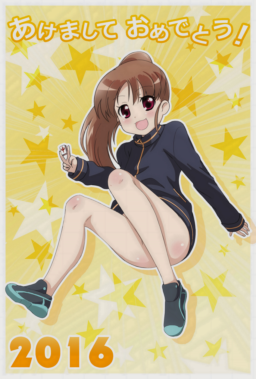 bare_legs bottomless female long_sleeves naked_track_jacket pantless ponytail saki_achiga-hen sneakers takakamo_shizuno track_jacket