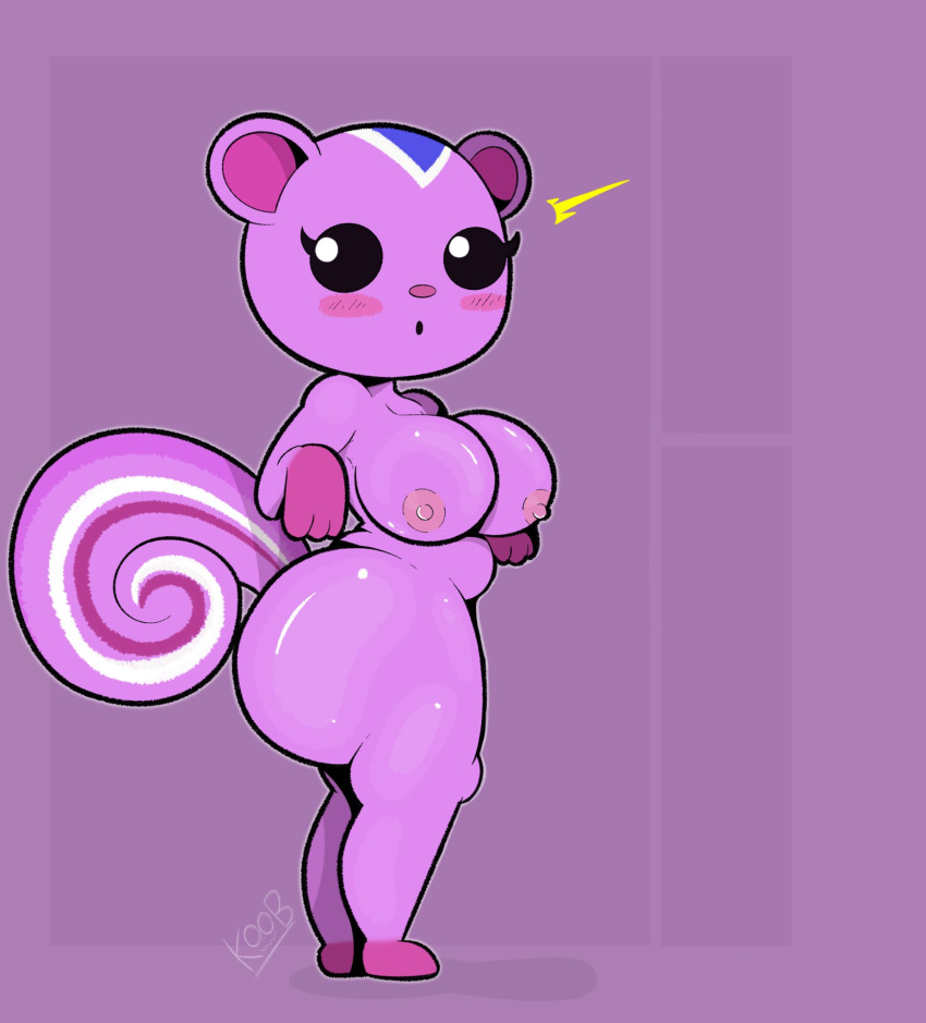 adumbkobold animal_crossing animal_genitalia animal_penis anthro ass big_breasts big_butt black_sclera blush breasts bubble_butt female fur genitals hi_res huge_butt mammal nintendo peanut_(animal_crossing) penis pink_background pink_body pink_fur rodent sciurid simple_background solo squirrel_tail surprise surprised_expression third-party_edit tree_squirrel