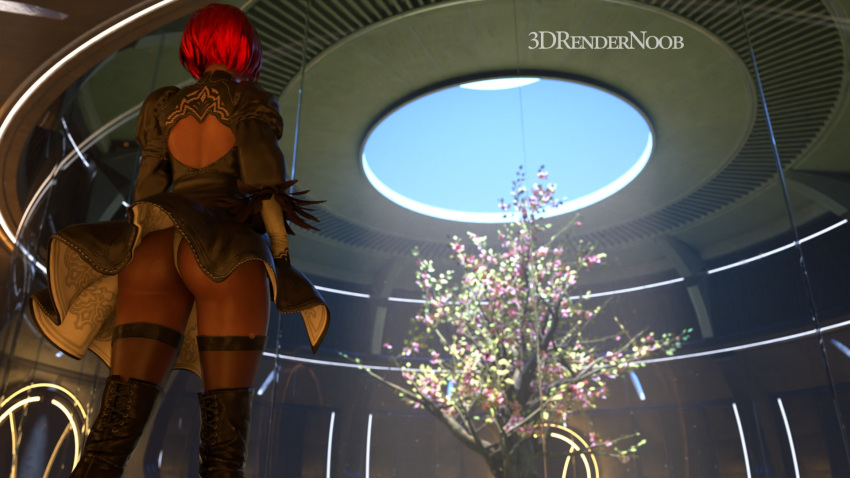 1girls 3drendernoob back_view blender_(software) female gloves leotard nier:_automata red_hair solo_female thigh_boots thighhighs thong tree upskirt video_games