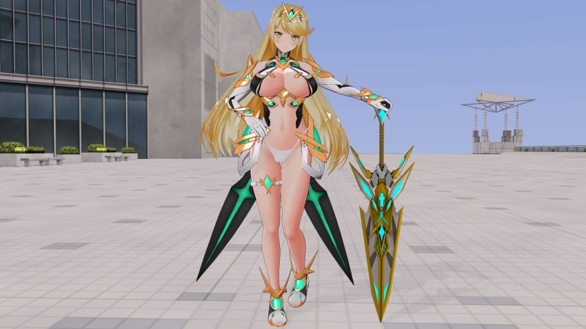 1girls 3d bangs blonde_hair boots breasts custom_maid_3d_2 elbow_gloves gloves holding holding_sword holding_weapon large_breasts long_hair mythra_(xenoblade) nintendo nipples panties plant shy smile standing swept_bangs sword thigh_strap tyrving underwear very_long_hair weapon window xenoblade_(series) xenoblade_chronicles_2 yellow_eyes