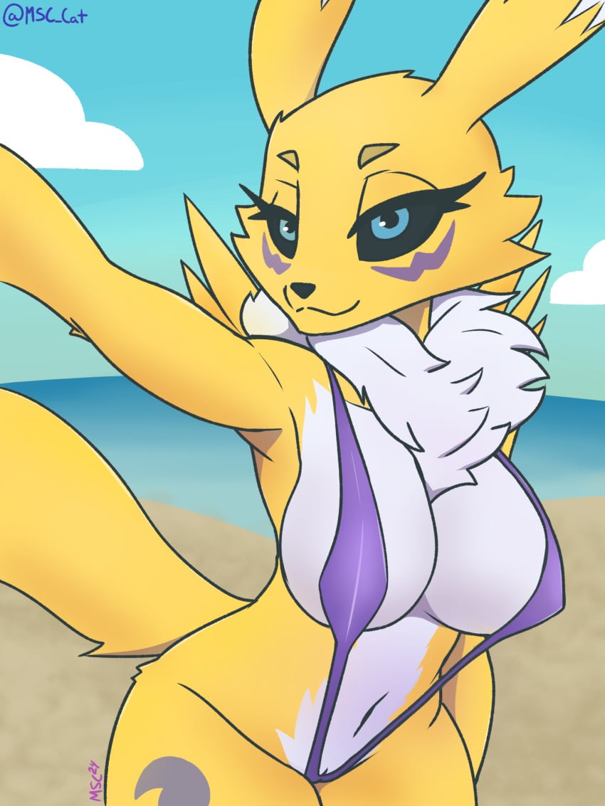 3:4 anthro bandai_namco beach bikini clothing digimon digimon_(species) female hi_res looking_at_viewer msc_cat renamon solo swimwear