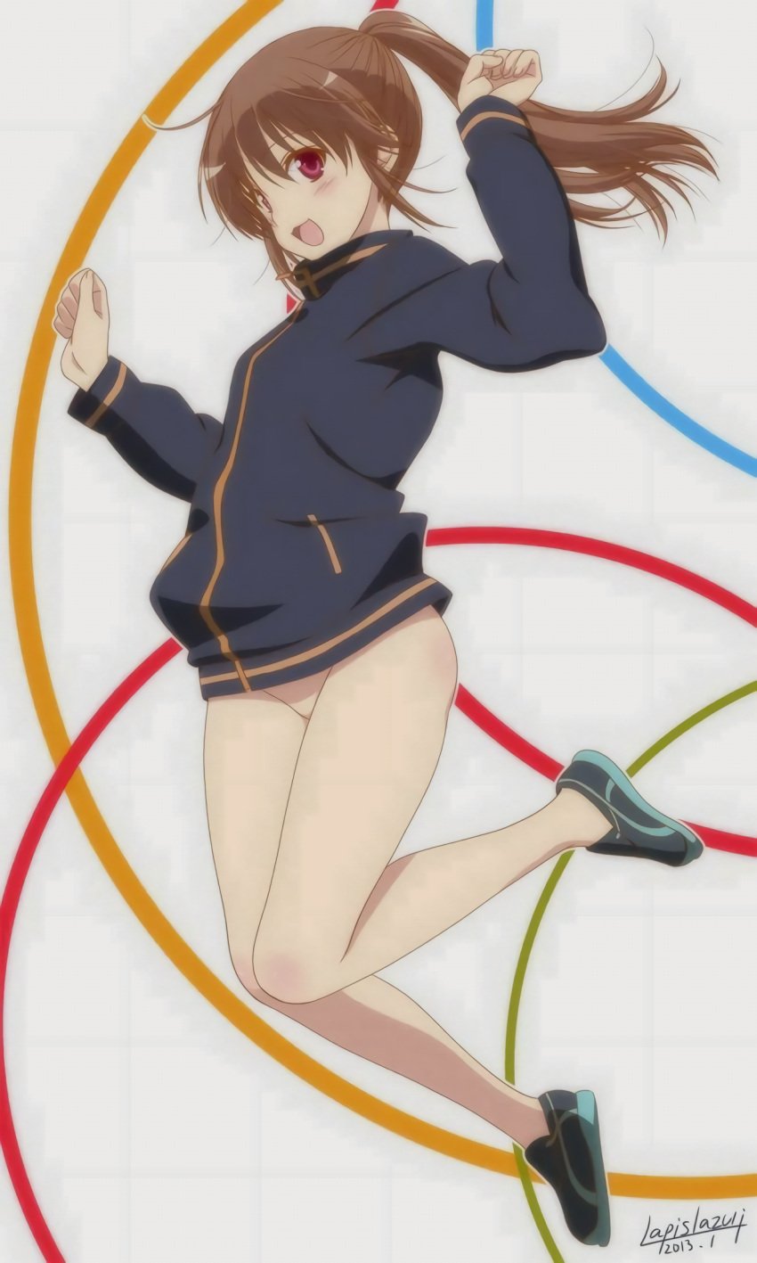 bare_legs bottomless female jumping long_sleeves naked_track_jacket pantless ponytail saki_achiga-hen sneakers takakamo_shizuno track_jacket