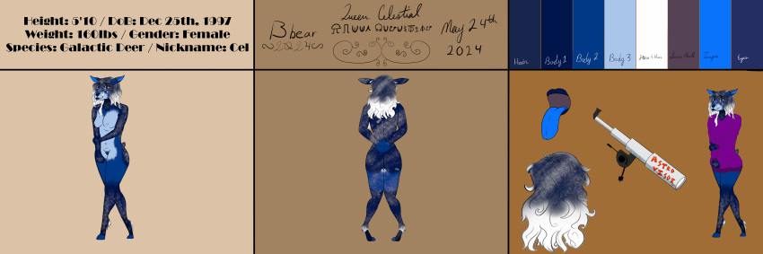 3:1 absurd_res anthro ass bbear big_butt biped blue_eyes blue_tongue breasts clothed clothing dated deer digital_media_(artwork) english_text female fur galactic_deer genitals hair hands_behind_back hi_res holding_arm hooves information information_box information_section looking_at_viewer mammal model_sheet multicolored_body multicolored_fur navel nipples nude open_mouth pose pussy queen_celestial_(bbear) rear_view shy signature simple_background skinny small_breasts smile solo species_name standing stars_around_body stars_in_hair sweater tail telescope text text_box tongue tongue_out topwear wide_hips