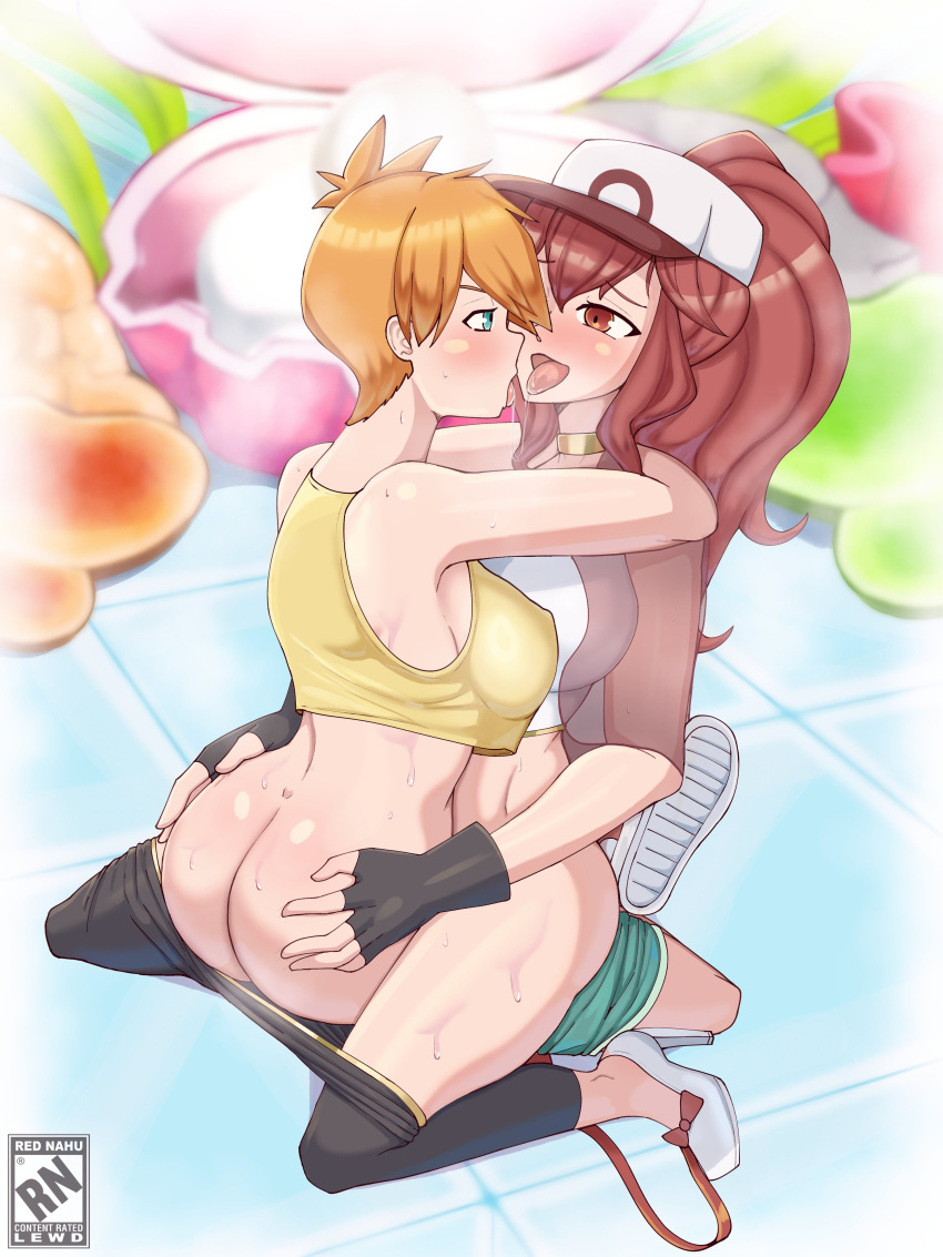 2girls alternate_breast_size ass asymmetrical_hair baseball_cap blonde_hair blonde_hair_on_red_hair blonde_hair_top blue_eyes blush bottomless breast_press breasts brown_eyes brown_hair clothed clothes_pull clothing creatures_(company) crop_top domination duo eye_contact female female_only fingerless_gloves french_kiss game_freak gloves groping gym_leader hat highres human kasumi_(pokemon) kissing kneeling large_breasts leggings light-skinned_female light_hair_on_dark_hair light_skin long_hair looking_at_another multiple_girls nahusmash nintendo open_mouth orange_hair original pants pants_pull partially_clothed pokemon pokemon_(anime) pokemon_(classic_anime) pokemon_rgby ponytail red_hair red_hair_bottom sex shirt shoes short_hair shorts shorts_pull side_ponytail smile spread_legs straddling sweat thick_thighs thighs tongue tongue_out upright_straddle yuri