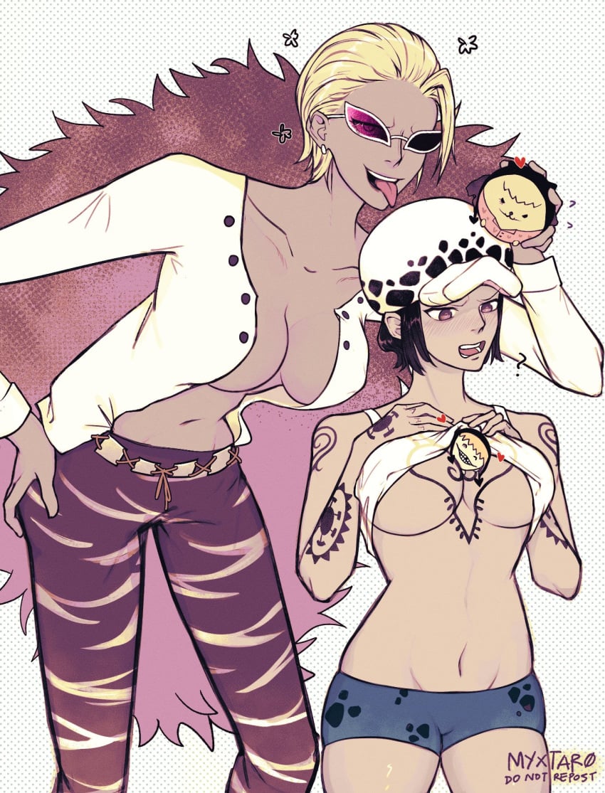 2girls big_breasts black_hair blonde_hair blush canon_genderswap chest_tattoo cleavage donquixote_doflamingo donquixote_rosinante female female_only genderswap_(mtf) hair_slicked_back hat headwear height_difference myxtaro no_bra one_piece open_shirt plushie purple-tinted_eyewear restricted_palette rule_63 shirt_lift shirt_up short_hair smile sunglasses tank_top tattoo tattoos tinted_eyewear tongue_out trafalgar_law trafalgar_law_(female) very_short_hair