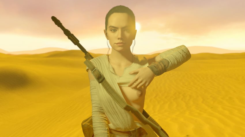 3d bright daisy_ridley desert exposed_breasts female looking_at_viewer partially_nude pulling_shirt_up rey skyliner79 star_wars sunlight undressing yellow_light