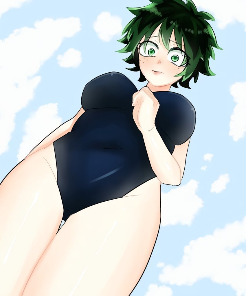 1girls big_breasts blush boku_no_hero_academia clothing crossgender female female_deku female_only freckles green_eyes green_hair izuku_midoriya looking_down midoriya_izuku my_hero_academia nervous rule_63 short_hair swimsuit thighs upscaled