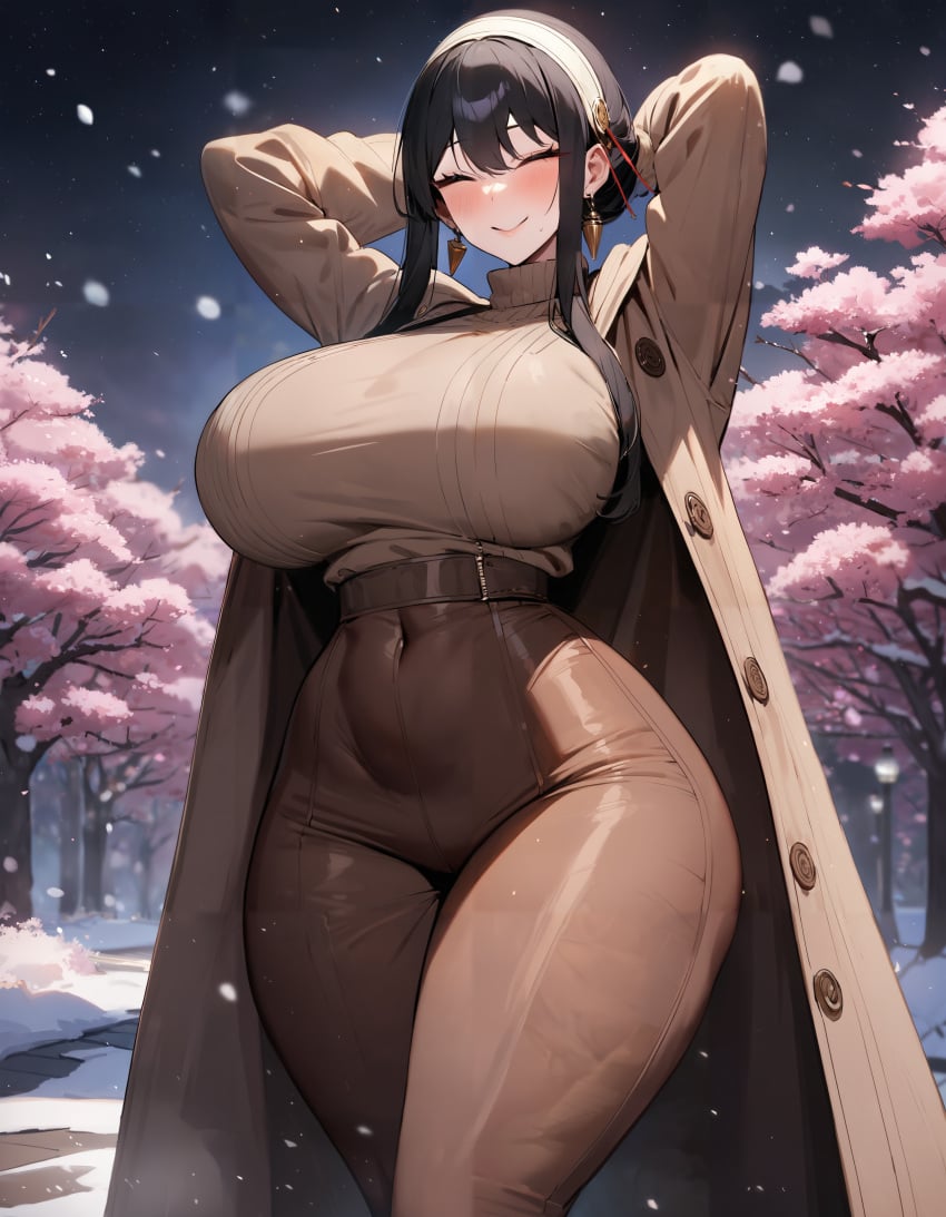 1girls absurd_res ai_generated alternate_breast_size arms_behind_head blush cherry_blossoms closed_eyes curvy detailed_background earrings gigantic_breasts headband huge_breasts jewelry mappa mature_female narrow_waist night_sky overcoat smiling snow snowing solo spy_x_family stable_diffusion standing sweater thick_thighs wide_hips winter winter_clothes xenomon yor_briar