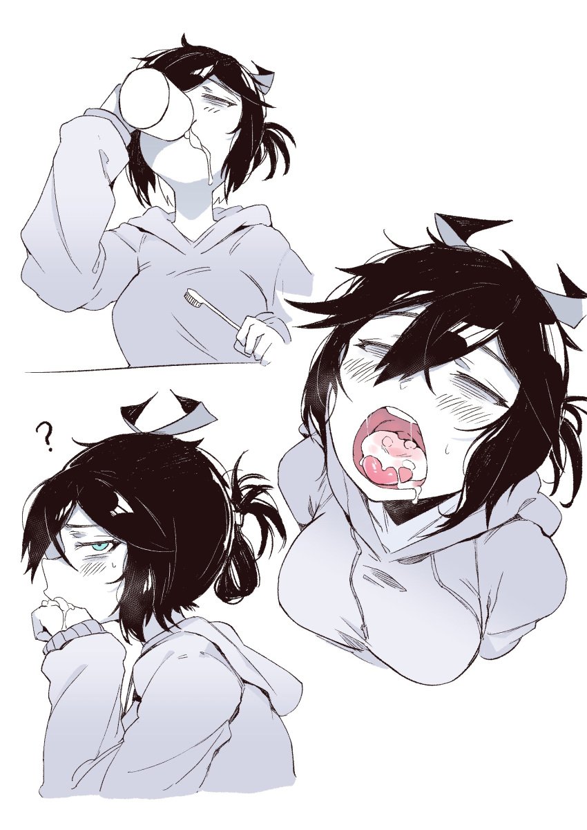 ? absurdres bags_under_eyes black_hair closed_eyes crow-chan_(karasu_raven) cum cum_drinking cum_in_a_cup cum_in_mouth drinking_cum female highres hood hoodie karasu_raven open_mouth original sleeves_past_wrists solo tongue tongue_out toothbrush uvula