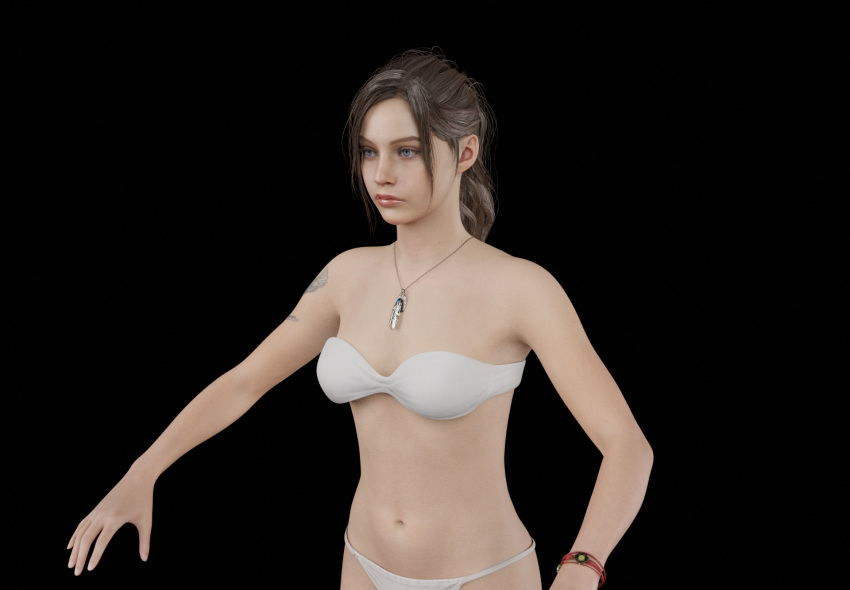 3d 3d_model bikini brown_hair claire_redfield nodern03 panties resident_evil resident_evil_2 resident_evil_2_remake swimsuit white_bikini