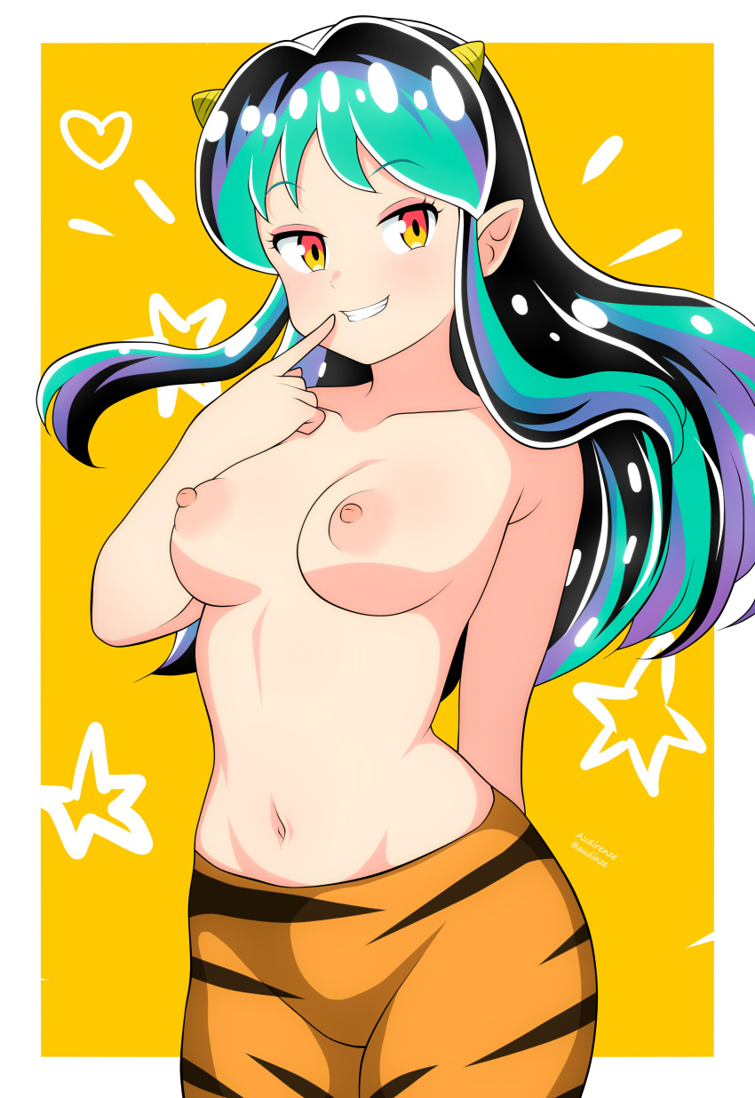 1girls alien_girl audirenze blush breasts female green_hair horn light_skin long_hair lum medium_breasts nipples orange_eyes pointy_ears smile solo teasing tights topless urusei_yatsura wide_hips yellow_eyes