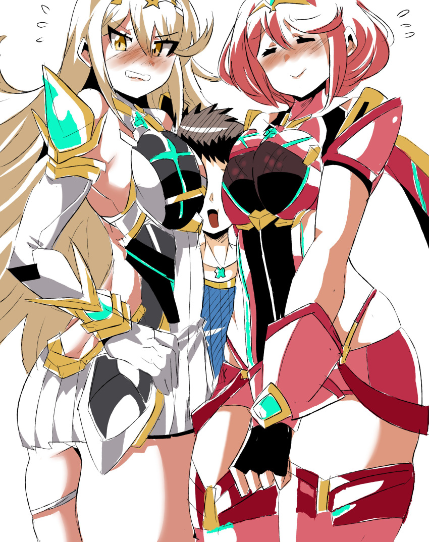 1boy 2girls bangs between_breasts blush breasts clenched_teeth closed_mouth earrings flat_color gem haho hair_ornament headpiece highres jewelry large_breasts long_hair male multiple_girls mythra nervous nintendo nipples open_mouth pose pyra rex_(xenoblade) salvager_vest shirt shy simple_background swept_bangs teeth thigh_strap tiara tsundere very_long_hair white_background xenoblade_(series) xenoblade_chronicles_2