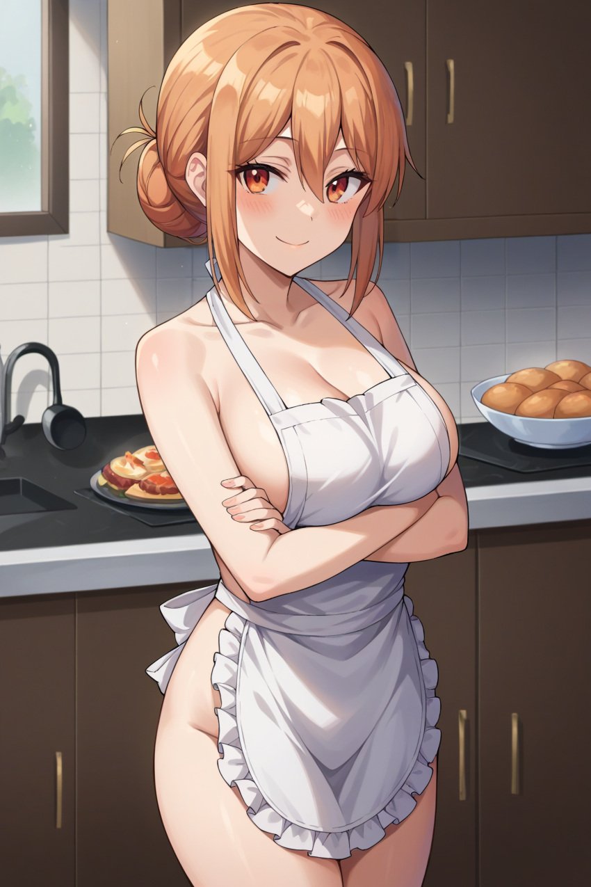 ai_generated ailya86 apron apron_only arms_crossed big_breasts breasts bun_hair cleavage female female_only food hi_res kitchen looking_at_viewer milf my_teen_romantic_comedy_snafu naked_apron orange_hair solo yuigahama_yui's_mother