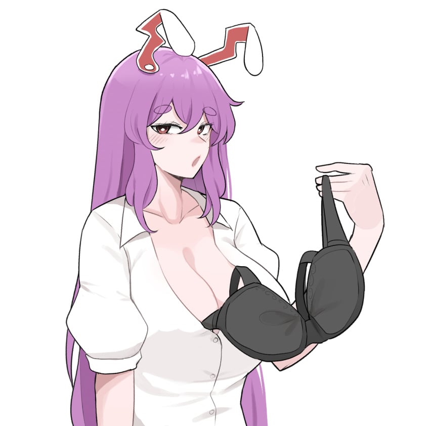 animal_ears black_bra blush bra breasts buttons cleavage collared_shirt female hair_between_eyes highres holding holding_bra holding_clothes holding_underwear large_breasts long_hair looking_at_viewer mata_(matasoup) open_mouth puffy_sleeves purple_hair rabbit_ears rabbit_girl red_eyes reisen_udongein_inaba removing_bra removing_bra_under_shirt shirt thick_eyebrows touhou underwear very_long_hair white_background white_shirt