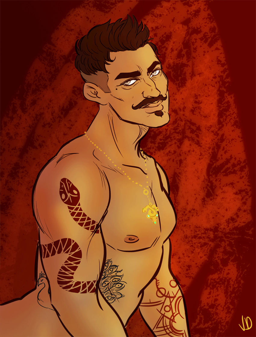 1boy arm_tattoo artist_signature asparklethatisblue bara beauty_mark biceps curvy curvy_body dark-skinned_male dark_hair dark_skin dorian_pavus dragon_age dragon_age_inquisition facial_hair gay_male grey_eyes human jewelry looking_at_viewer mage male male_only mole moustache moustache muscles muscular muscular_male necklace nipples peacock_tattoo pecs pendant seductive_look seductive_smile shirtless shirtless_male smile smiling snake_ornament snake_tattoo solo solo_male tattoo tattoo_on_arm tattoos video_games