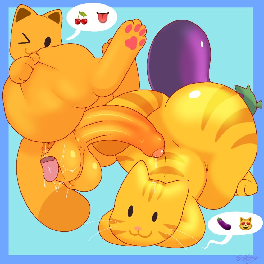 1:1 anthro ass ball_lick balls big_butt big_penis cat_emoji domestic_cat duo eggplant_emoji emoji_(race) felid feline felis feral genitals hi_res licking male male/male mammal oral penis semi-anthro sex snappy_snaz tongue yellow_body