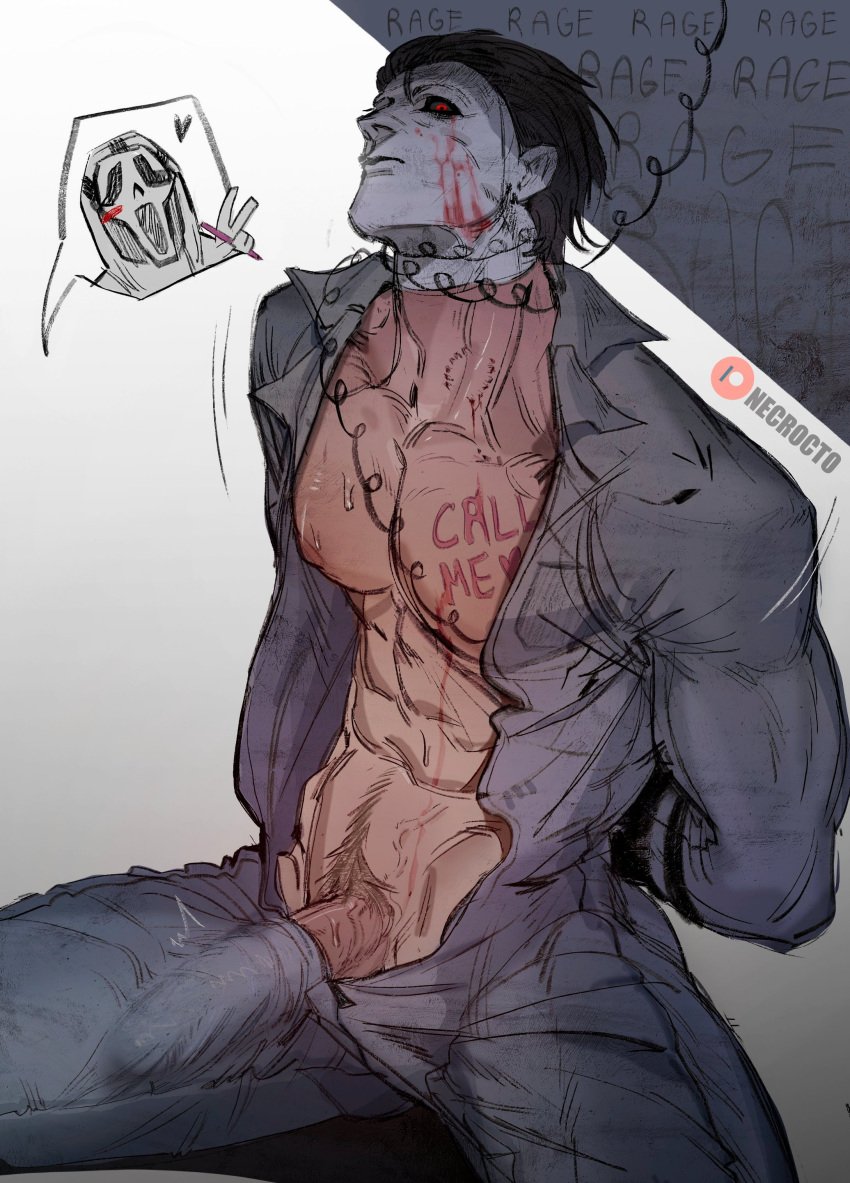 1boy 2boys bara bara_tiddies bara_tits barazoku body_writing bulge bulge_through_clothing dbd dead_by_daylight erection_under_clothes erection_under_clothing forced_submission gay gay_domination ghostface ghostface_(scream) halloween halloween_(series) michael_myers necrocto nightmare_husbando pecs penis_under_clothes pinup ripped_clothing scream_(franchise) serial_killer torn_clothes unzipped unzipped_bodysuit writing_on_body writing_on_breasts yaoi