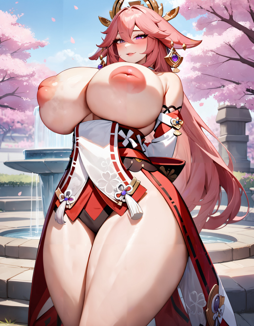 1girls absurd_res ai_failure ai_generated alternate_breast_size arms_behind_back bare_breasts blush cherry_blossoms coral_pink_hair curvy detailed_background fountain genshin_impact gigantic_breasts huge_breasts inverted_nipples jewelry light_skin lips long_hair low-angle_view makeup mature_female mihoyo narrow_waist nipple_mouth pink_hair pink_theme red_clothing red_theme seductive_smile solo stable_diffusion standing thick_thighs thighs video_games wide_hips xenomon yae_miko