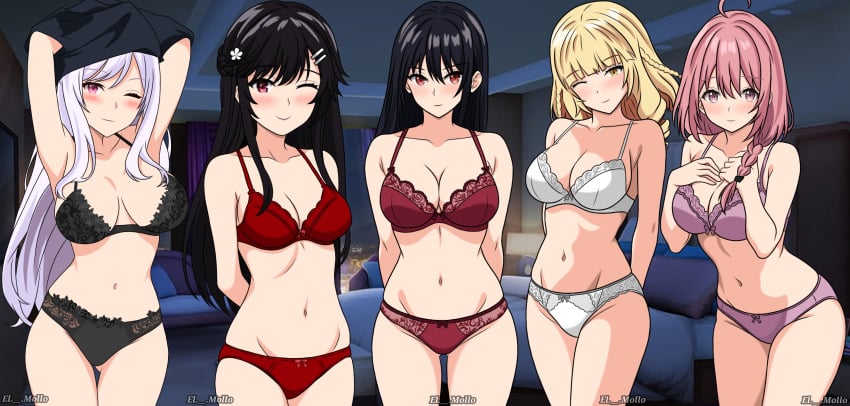 5girls alexia_midgar black_hair black_underwear blonde_hair cid_kagenou claire_kagenou el._.mollo harem imminent_incest imminent_sex kage_no_jitsuryokusha_ni_naritakute! long_hair multiple_girls nishino_akane pink_eyes pink_hair pink_underwear red_eyes red_underwear rose_oriana sherry_barnett short_hair smile smiling the_eminence_in_shadow underwear undressing white_underwear yellow_eyes