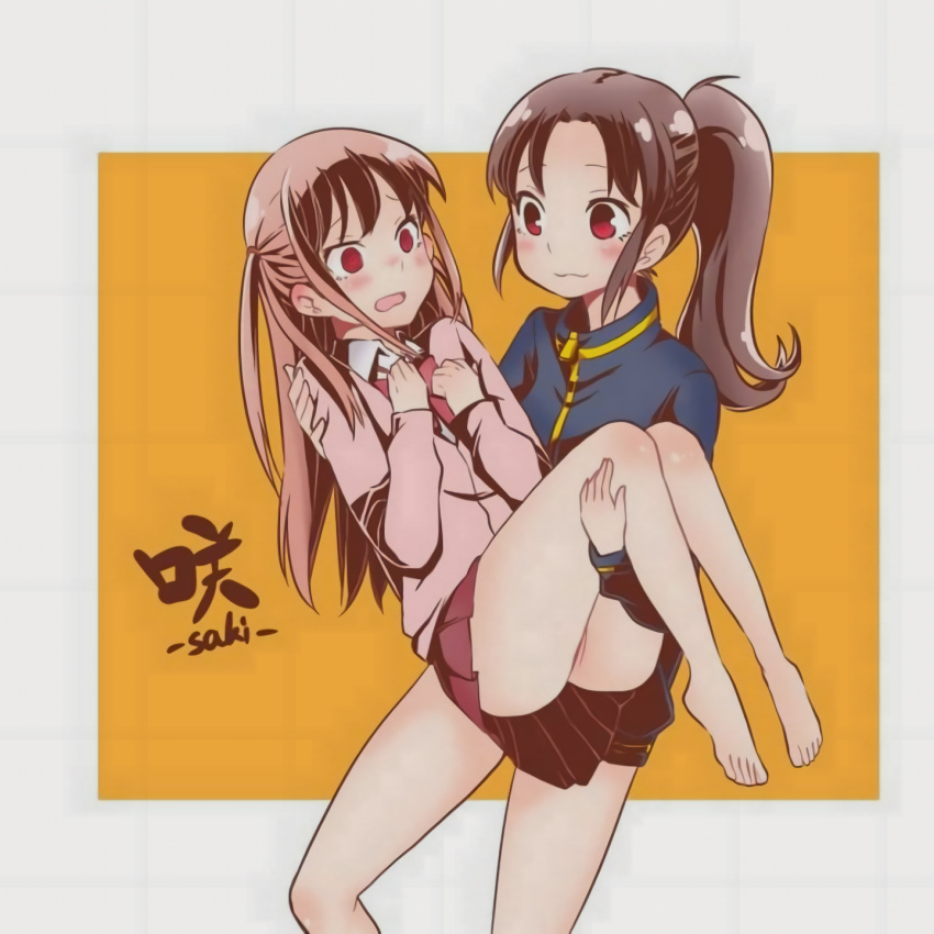 2girls atarashi_ako bare_legs bottomless carrying_person long_sleeves multiple_girls naked_track_jacket no_panties pantless saki saki_achiga-hen skirt takakamo_shizuno track_jacket upskirt