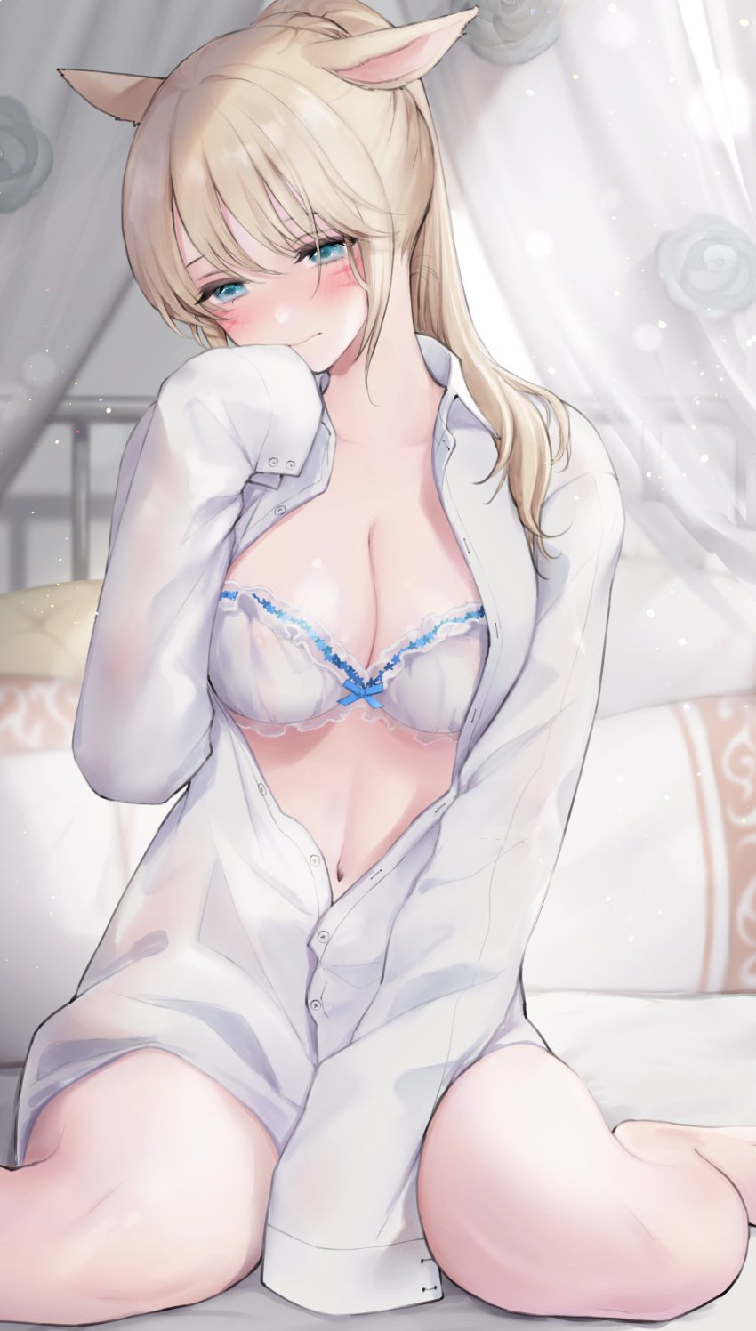 1girls absurd_res absurdres bare_chest bare_legs bare_thighs belly belly_button blonde_female blonde_hair blonde_hair_female blue_eyes blue_eyes_female blush blush_lines blushing_female bra breasts cat_ears cleavage dot_nose embarrassed embarrassed_female female female_focus female_only final_fantasy frilled_bra full_body head_tilt high_resolution highres knees kurosawa_itsuki legs light-skinned_female light_skin long_hair medium_breasts navel pillow ponytail ribbon_bra shirt shoulders simple_background sitting sitting_on_bed sitting_on_knees slender_body slender_waist slim_girl slim_waist solo thighs thin_waist tilted_head unbuttoned unbuttoned_shirt underwear warrior_of_light_(ff14) white_background white_bra white_shirt white_underwear