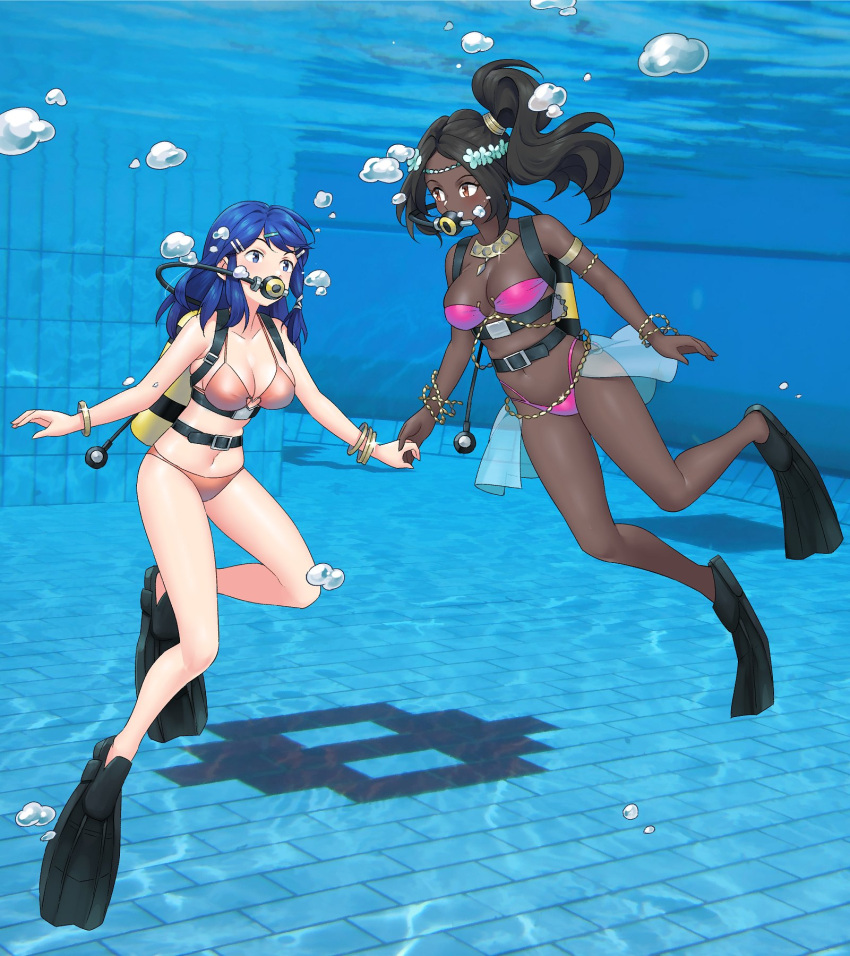 2girls alternate_costume bikini black_hair blue_hair breasts commission dark-skinned_female dark_blue_hair dark_skin female female_only fire_emblem fire_emblem_engage highres holding_hands human igni_tion medium_breasts multiple_girls nintendo orange_bikini orange_swimsuit oribe_tsubasa pink_bikini pink_swimsuit scuba_gear scuba_tank swimming_fins swimsuit timerra_(fire_emblem) tokyo_mirage_sessions_#fe underwater