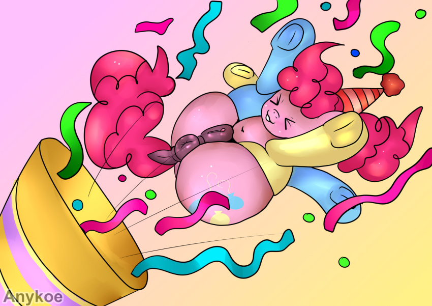 anus anykoe clothed clothed_feral clothing confetti earth_pony equid equine female feral footwear friendship_is_magic genitals gradient_background hasbro hat headgear headwear hi_res horse humor mammal motion_lines my_little_pony party_hat pink_hair pinkie_pie_(mlp) pony puffy_anus pussy signature simple_background socks solo