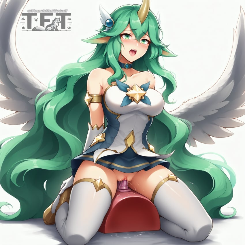 ai_generated female female_only green_eyes green_hair horn league_of_legends masturbation sex_machine soraka star_guardian_soraka stockings sybian thighhighs touchfluffytails