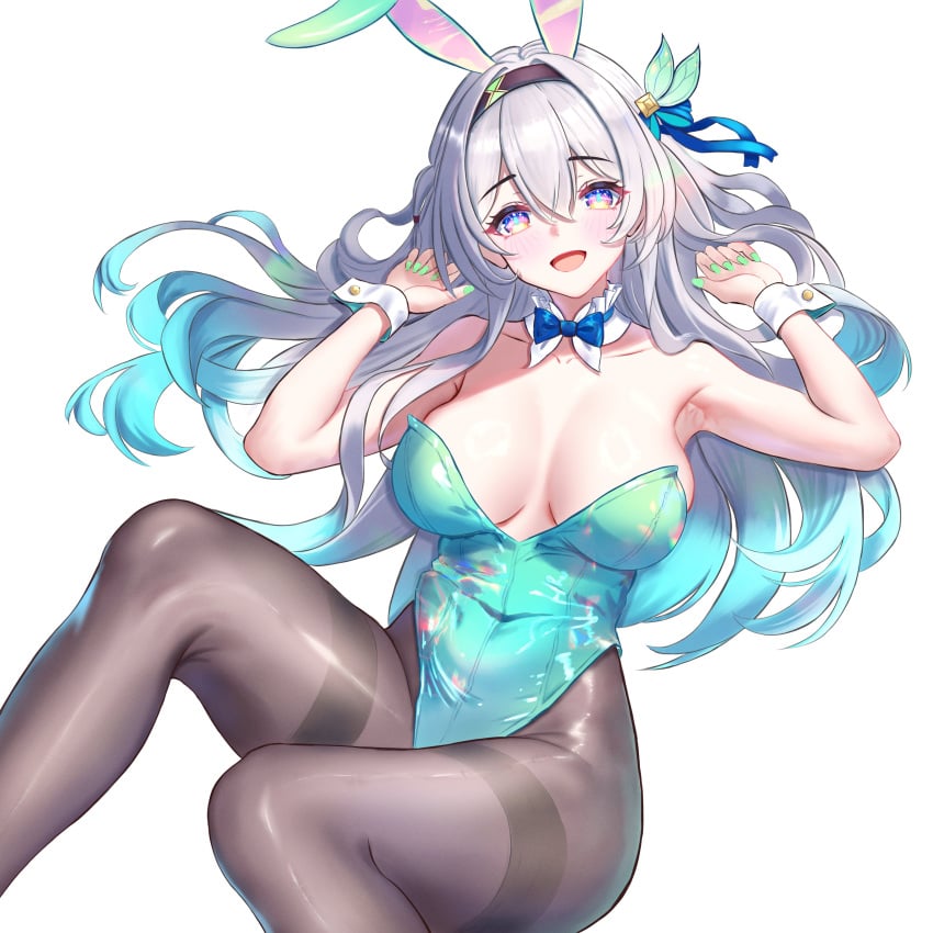 1girls absurd_res absurdres adult armpits bare_armpit bare_armpits bare_arms bare_chest bare_shoulders bare_skin belly belly_button best_girl black_hairband black_pantyhose blue_bowtie blue_bunny_ears blue_eyebrows blue_eyes blue_eyes_female blue_hair blue_hair_female blue_leotard blush blush_lines blushing_female bowtie breasts breasts_apart bunny_girl cleavage collar collarbone dot_nose elbows eyebrows eyebrows_visible_through_hair female female_focus female_only fingernails fingers firefly_(honkai:_star_rail) green_fingernails green_nail_polish green_nails grey_hair grey_hair_female groin hair_between_eyes hair_ornament hair_ornaments hairband hands_up head_tilt high_resolution highres honkai:_star_rail honkai_(series) hourglass_figure knees large_breasts laying_down laying_on_back legs light-skinned_female light_skin long_hair looking_at_viewer medium_breasts multicolored_hair navel open_mouth pantyhose playboy_bunny purple_eyes purple_eyes_female shoulders silver_hair silver_hair_female simple_background slender_body slender_waist slim_girl slim_waist smile smiling smiling_at_viewer solo thick_thighs thighs thin_waist tilted_head tongue white_background white_collar white_wrist_cuffs wide_hips wrist_cuffs zea_(zeamilky)